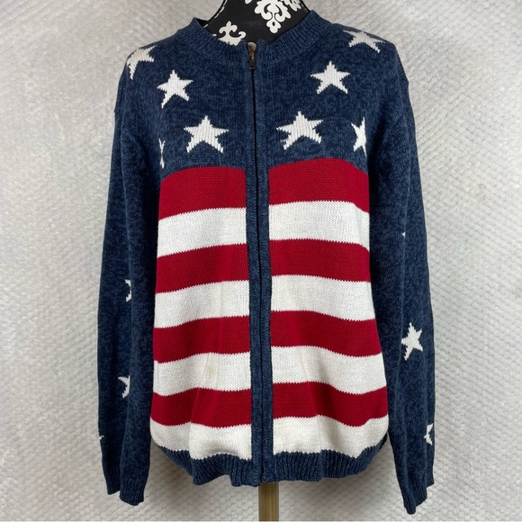 🔥Patriotic Sweater America Flag Red White Blue Sweater Cardigan Tiara Size XL - Picture 1 of 14